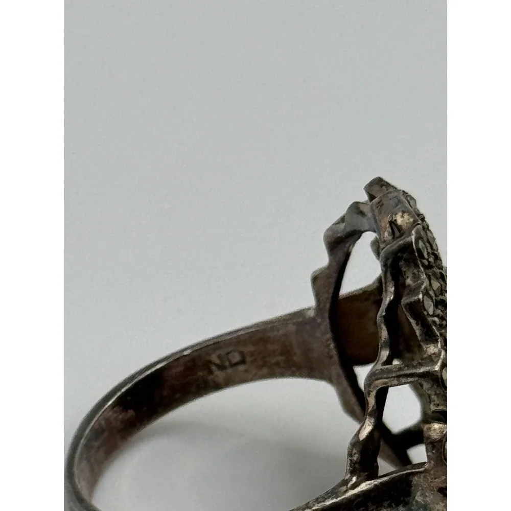 Sterling‎ Silver Onyx Marcasite Oval Ring Size 8